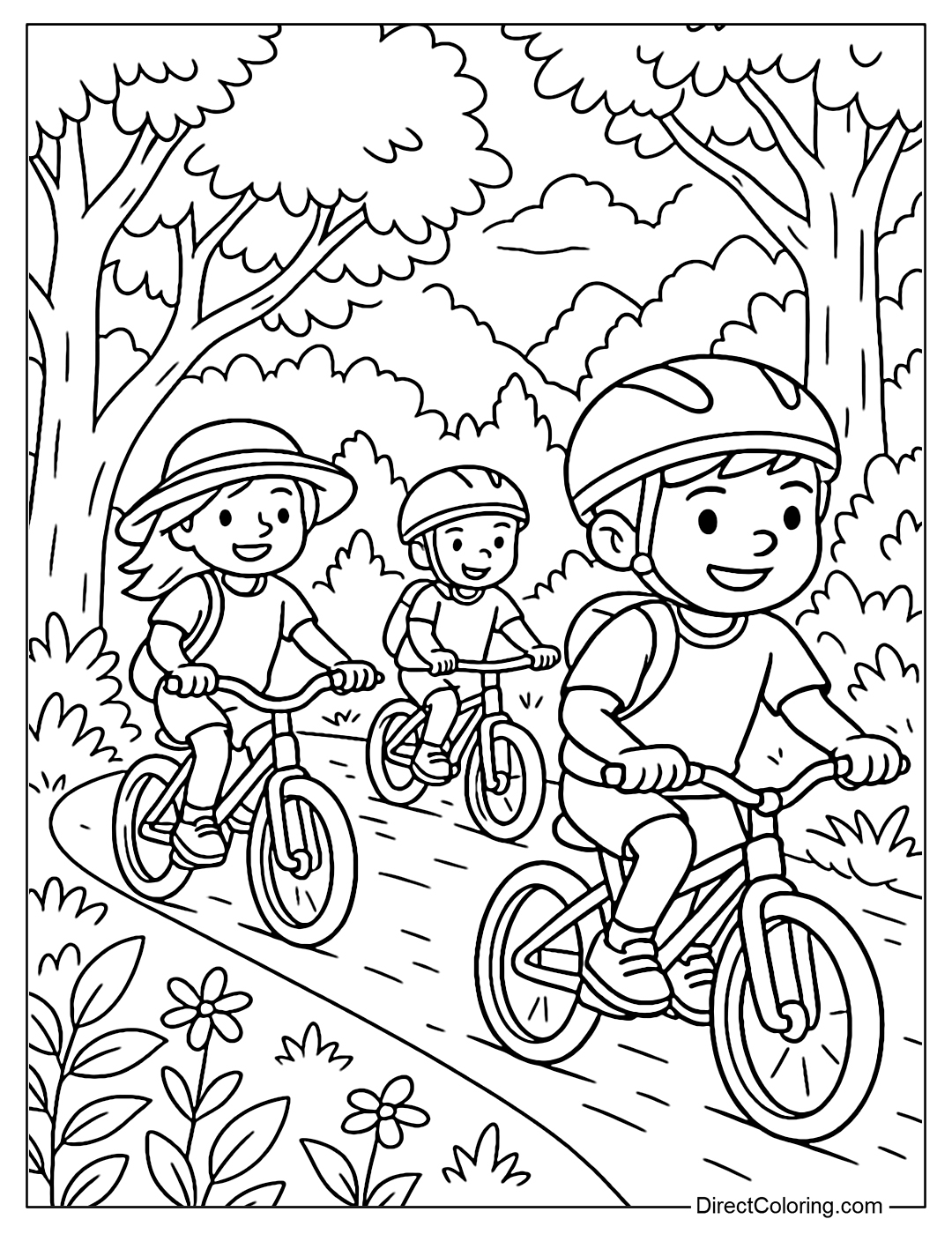 Biking Coloring Page with a group of friends following the 